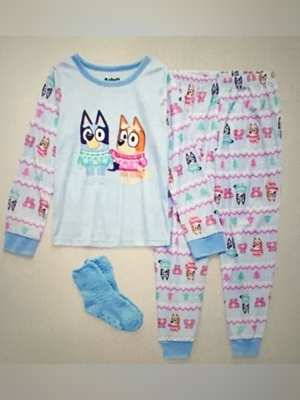 Bluey Light Blue Owl Print Kids Pajama Set with Cozy Socks